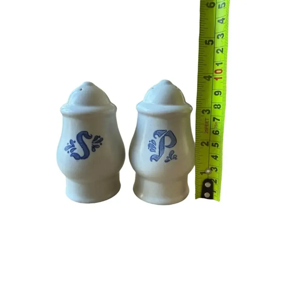 Vintage Stoneware Salt & Pepper Shakers Blue Monogram S P Farmhouse